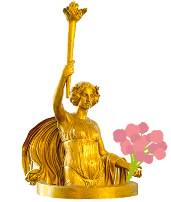 Collage: Goldener Engel bedankt sich mit einem Blumenstrauß