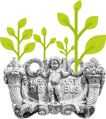 Plants growing from a stone relief with the phrase “scientibus et artibus”