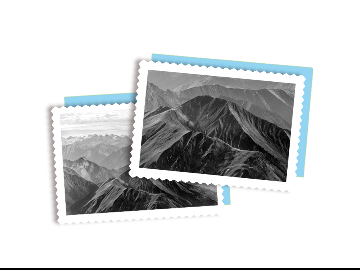 Two aerial photos of a mountain range