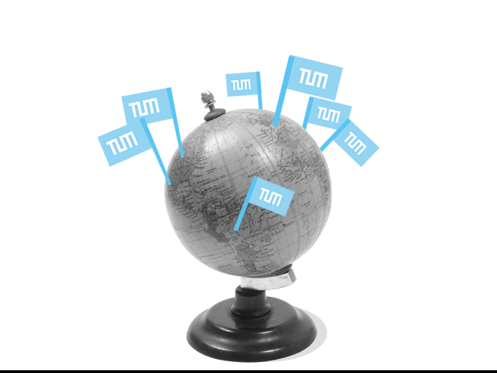 A globe with TUM flags