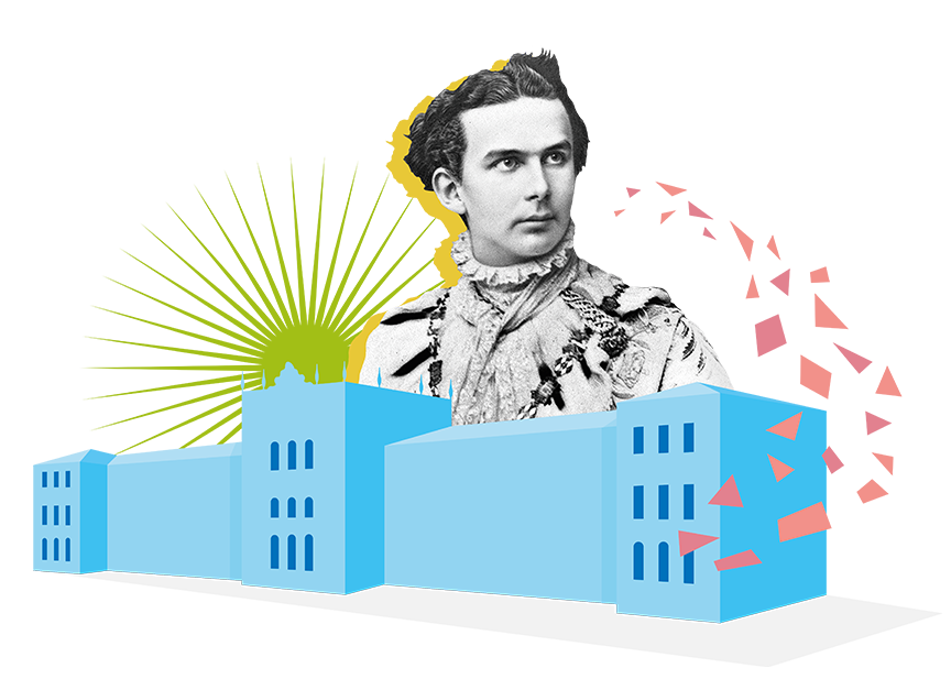 Collage König Ludwig II und illustrierter Polytechnischer Hochschule