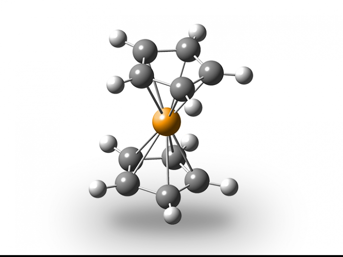 Ball and stick model of a ferrocene molecule