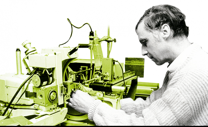 Prof. Huber in the 1980s examining an X-ray diffractometer