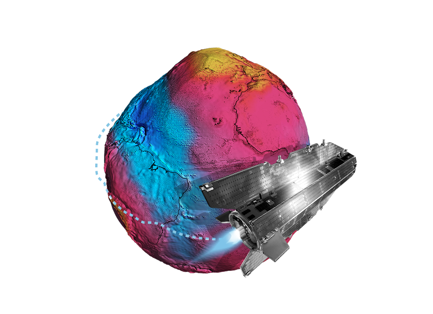 Collage: Schwerefeld-Modell der Erde (Geoid) mit Satellit Goce